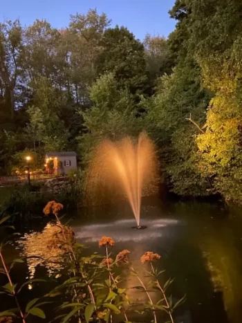 An illuminated fountain at twilight with trees and a small cottage in the background.